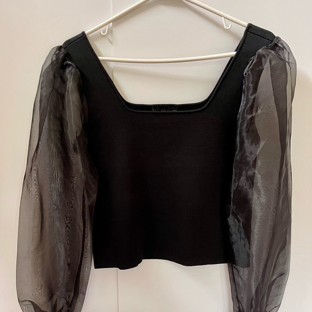 House of Harlow 1960 Square Neck Sheer Puff Sleeve Knit Top, Sz S - Picture 6 of 12